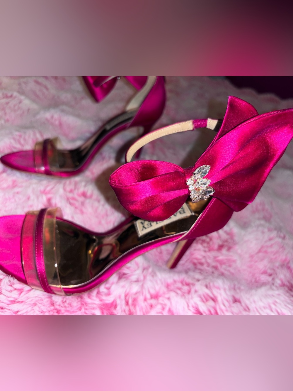 Badgley Mischka Fuchsia Satin Bow Stiletto Sandals with Crystal Accent